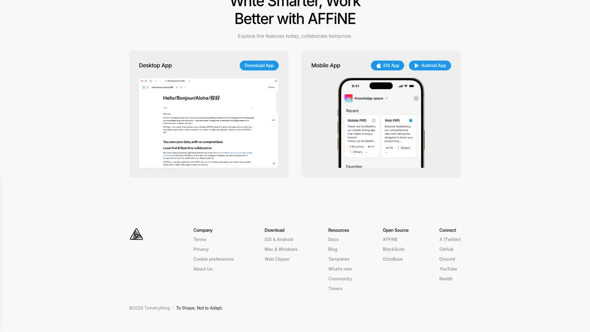 AFFiNE interface screenshot — Open-source workspace for docs, whiteboards & AI