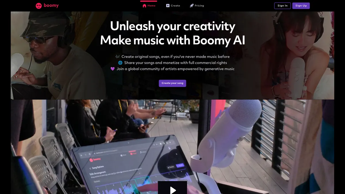 Boomy interface screenshot — Create original songs with AI in seconds