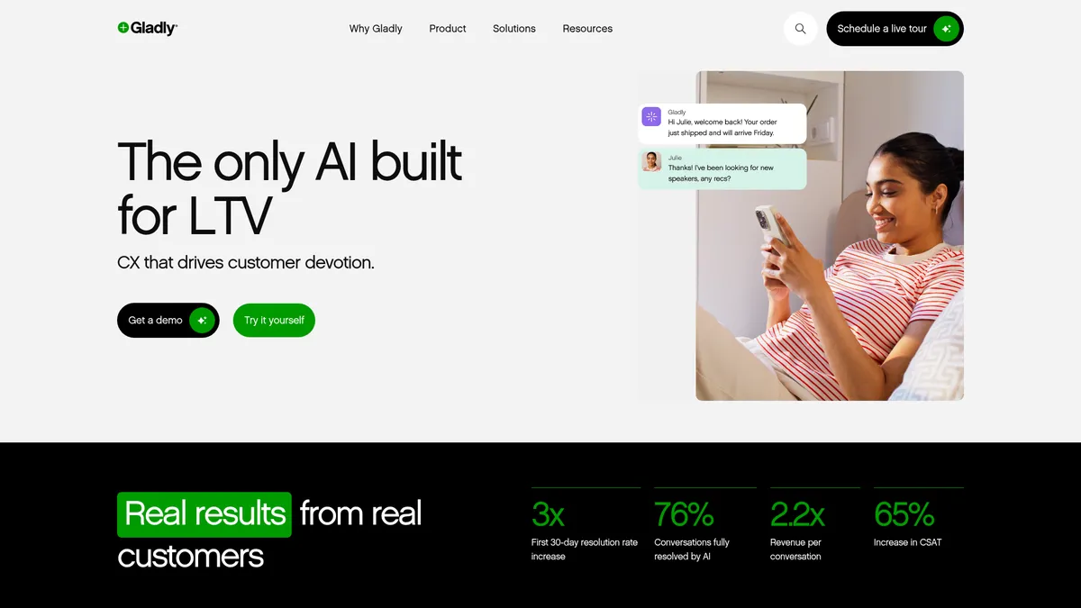 Gladly interface screenshot — AI-powered customer service that drives devotion