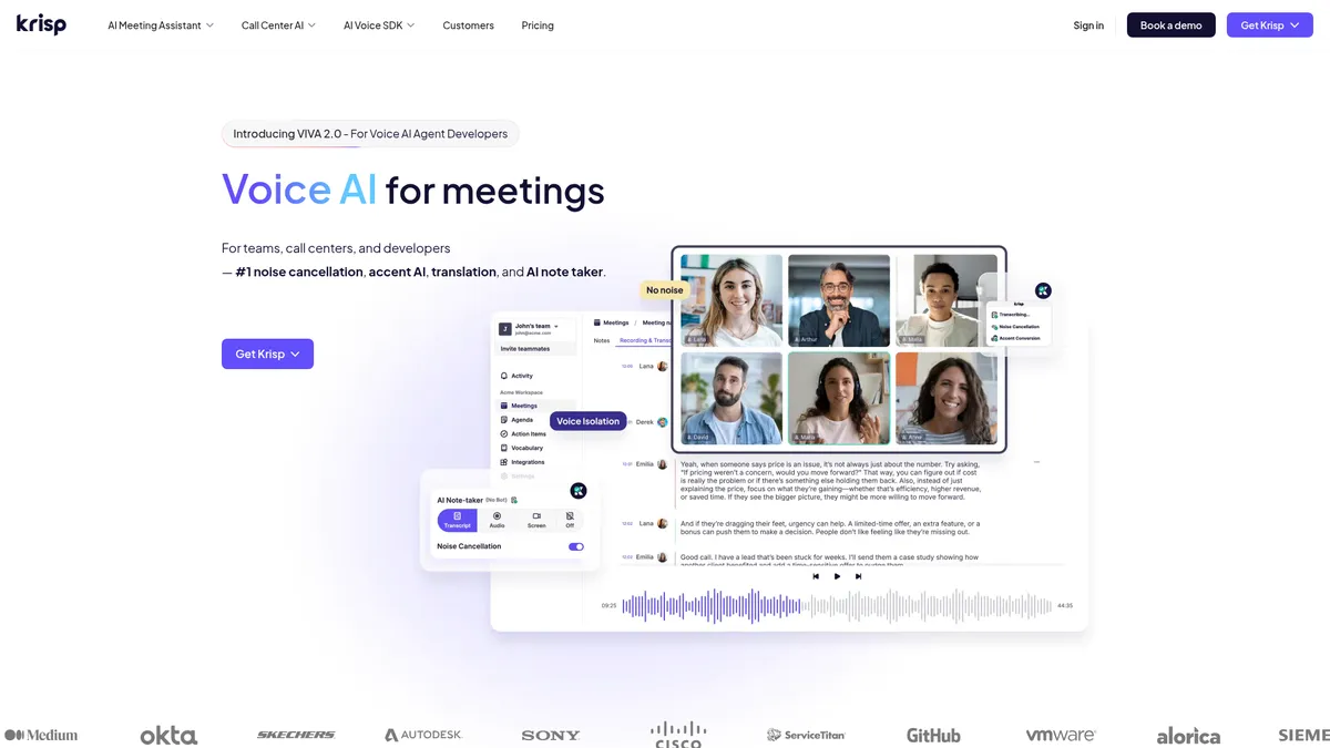 Krisp interface screenshot — AI-powered noise cancellation and meeting productivity suite