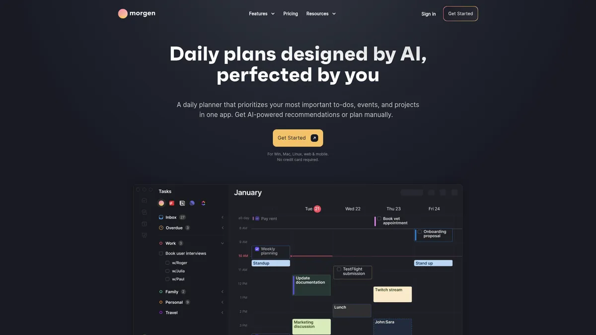Morgen interface screenshot — AI-Powered Daily Planning, Simplified