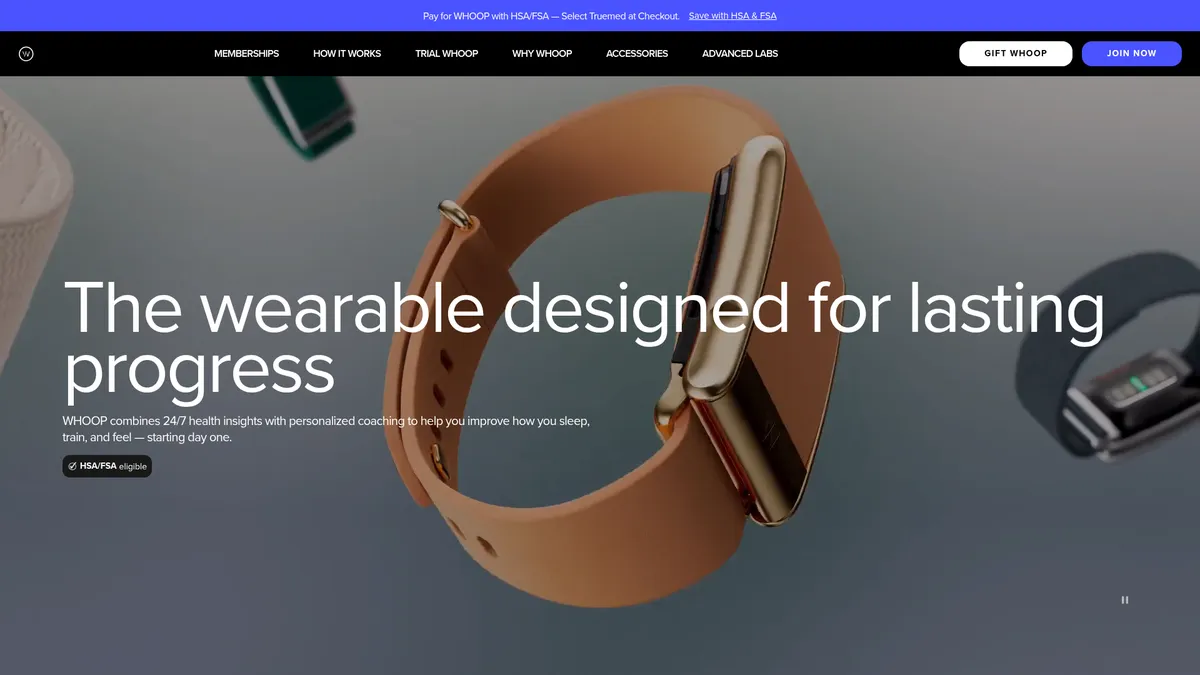 WHOOP interface screenshot — The screen-free wearable for 24/7 health and performance insights