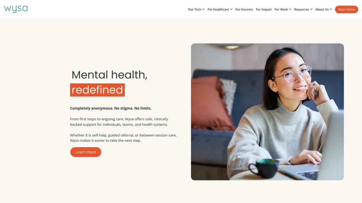 Wysa interface screenshot — Anonymous AI therapy for stress, anxiety, and depression