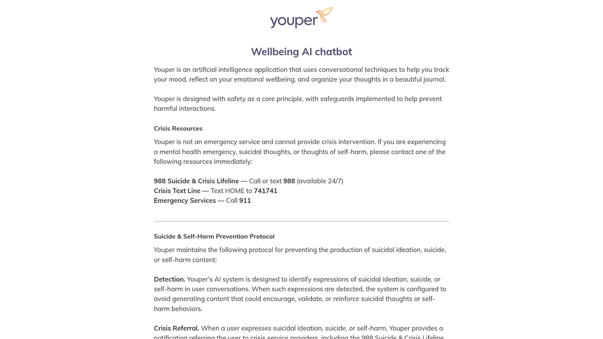 Youper interface screenshot — AI chatbot for mood tracking, journaling, and self-reflection