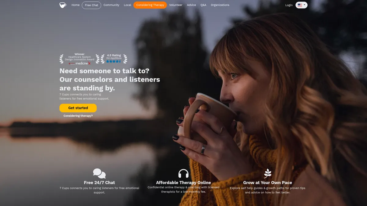 7 Cups interface screenshot — Free emotional support & online therapy, anytime.