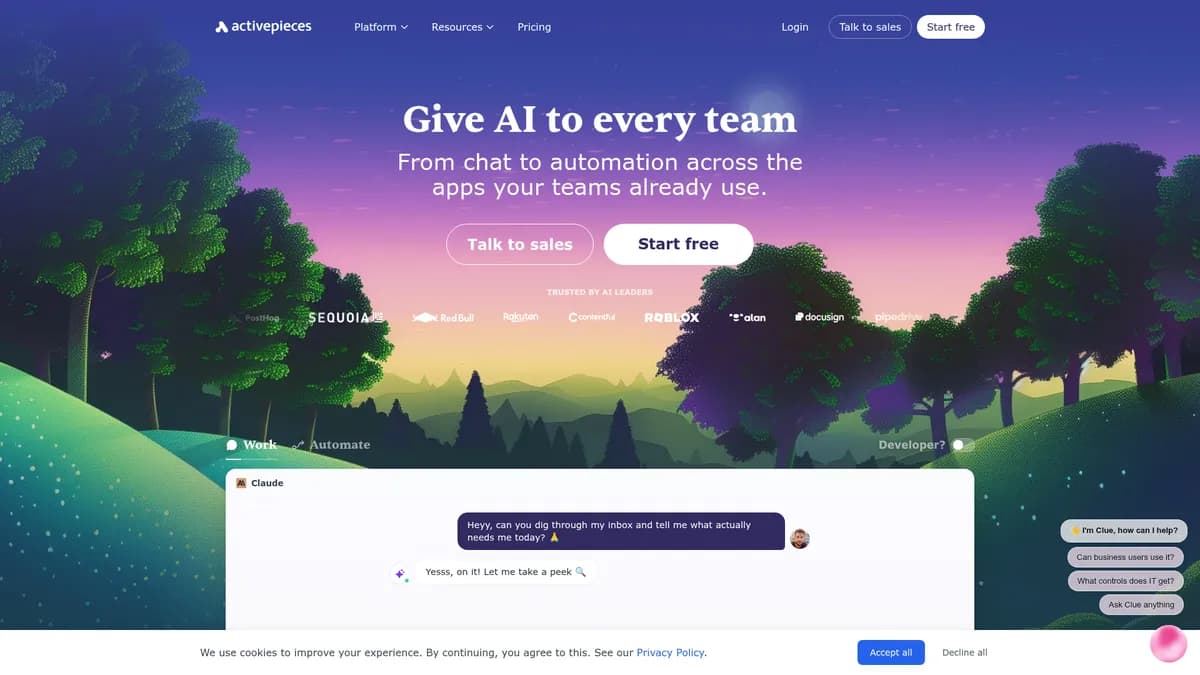 ActivePieces interface screenshot — Open-source AI workflow automation for teams