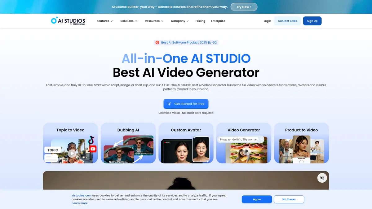 AI Studios interface screenshot — Create pro videos with AI avatars in minutes