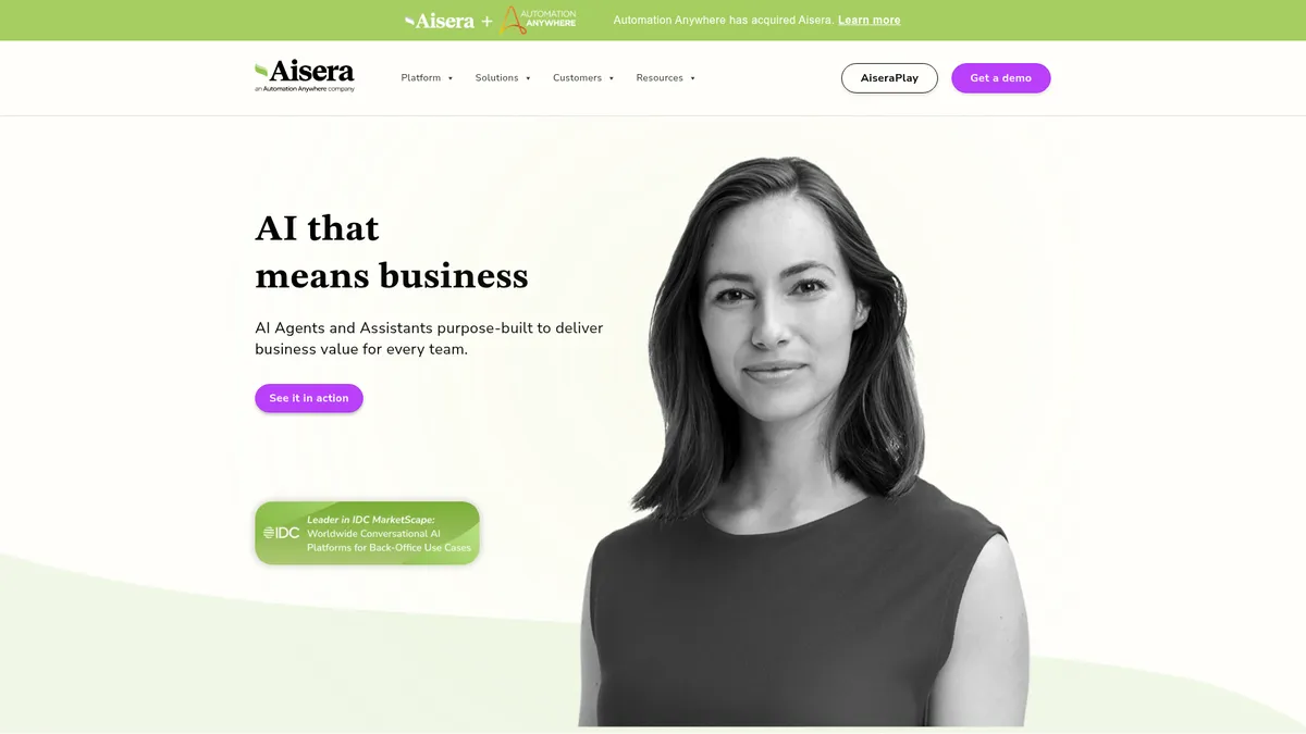 Aisera interface screenshot — Autonomous AI Agents for IT, HR & Finance Automation