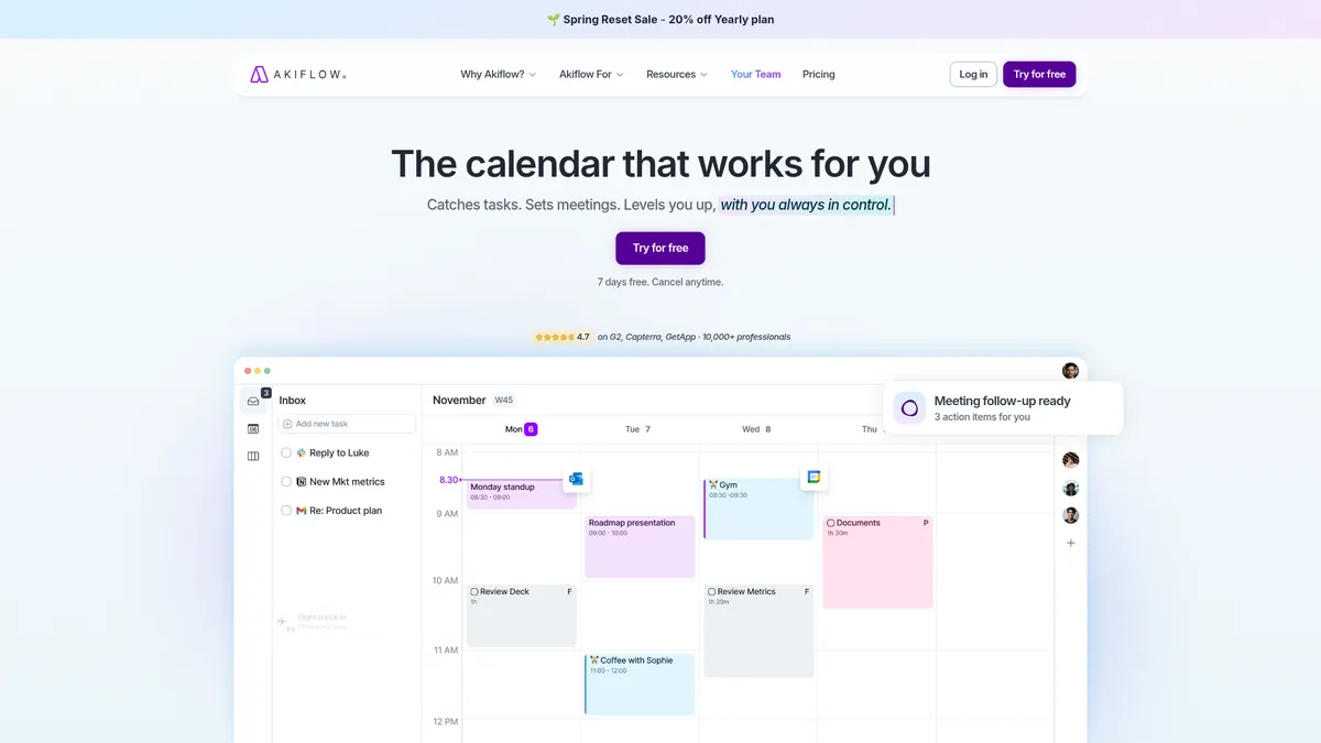 Akiflow interface screenshot — Your unified productivity command center with AI