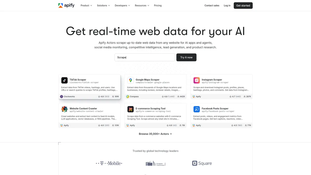 Apify interface screenshot — Web scraping platform for AI agents and automation