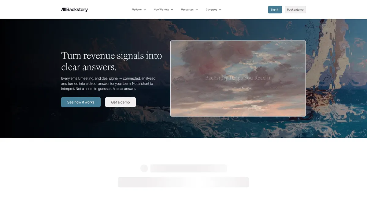Backstory interface screenshot — Revenue intelligence that tells you what to do, not just what happened