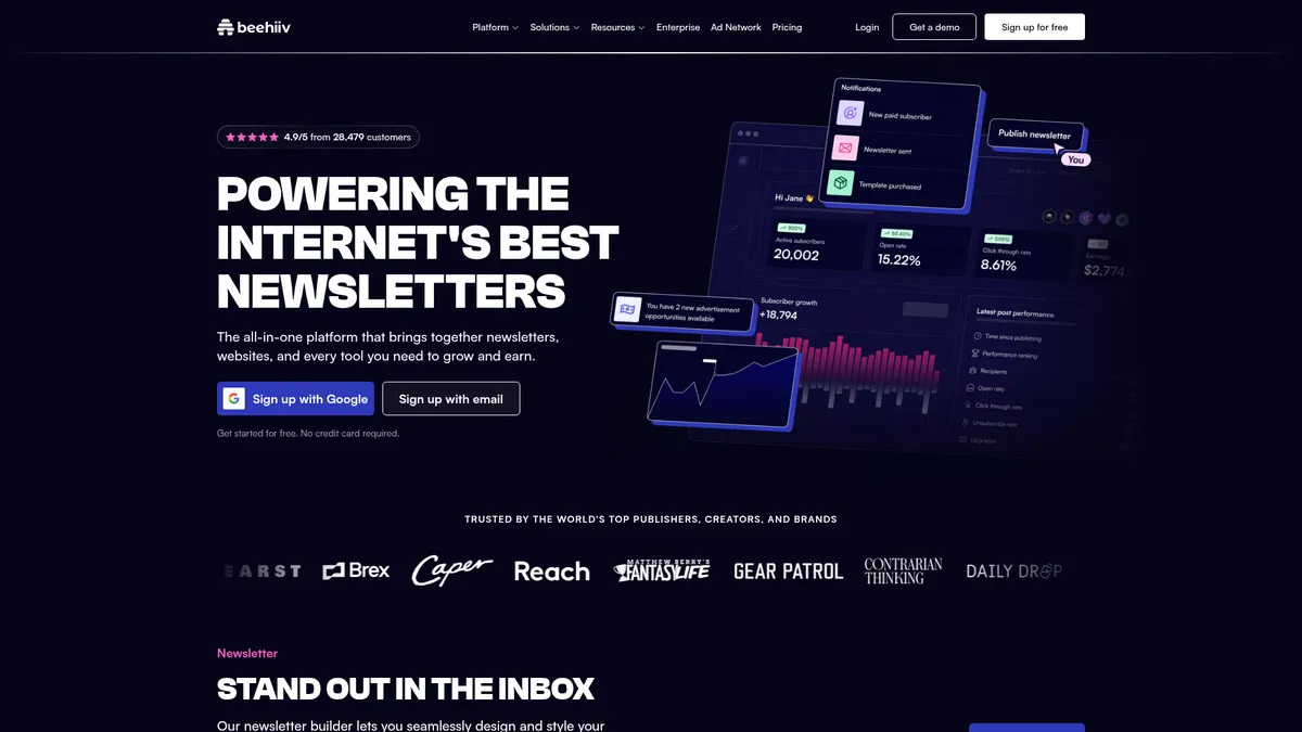 beehiiv interface screenshot — All-in-one newsletter, website, podcast & monetization platform