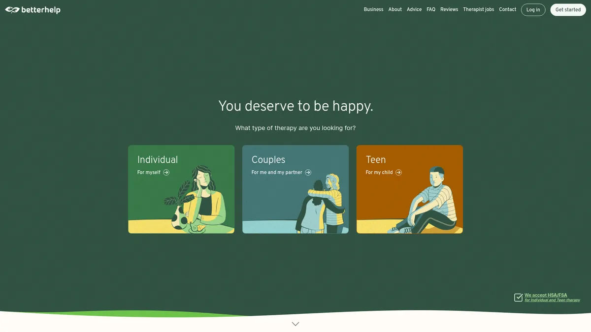 BetterHelp interface screenshot — Professional online therapy, anytime, anywhere