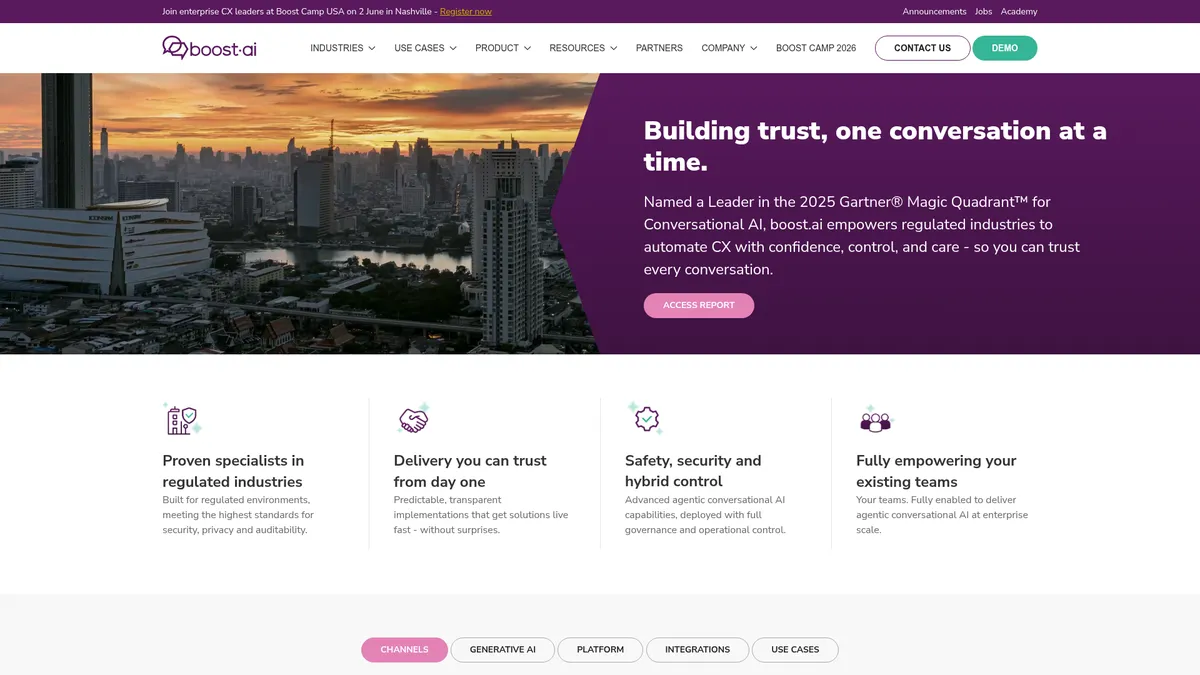 boost.ai interface screenshot — Enterprise conversational AI built for regulated industries.