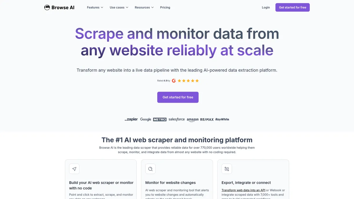 Browse AI interface screenshot — No-code AI tool to extract and monitor web data