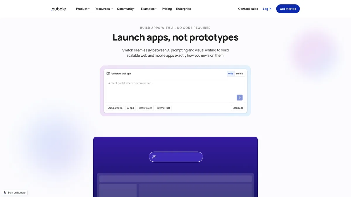 Bubble interface screenshot — AI-powered no-code platform for building full-stack web and mobile apps
