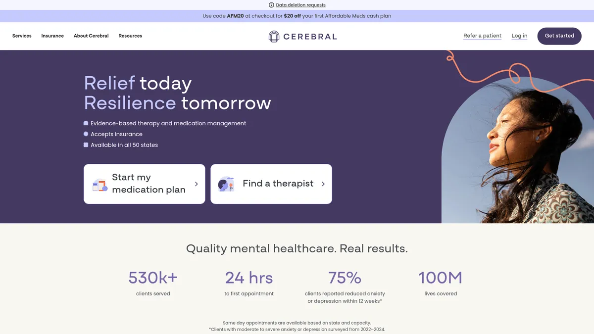 Cerebral interface screenshot — Online therapy & medication management, simplified