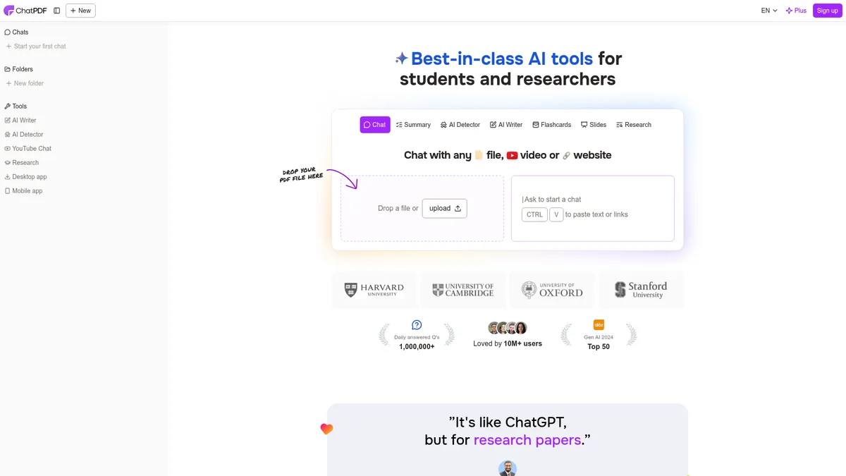 ChatPDF interface screenshot — Chat with any PDF, file, video, or website
