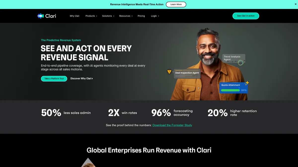 Clari interface screenshot — AI-powered revenue intelligence for enterprise teams