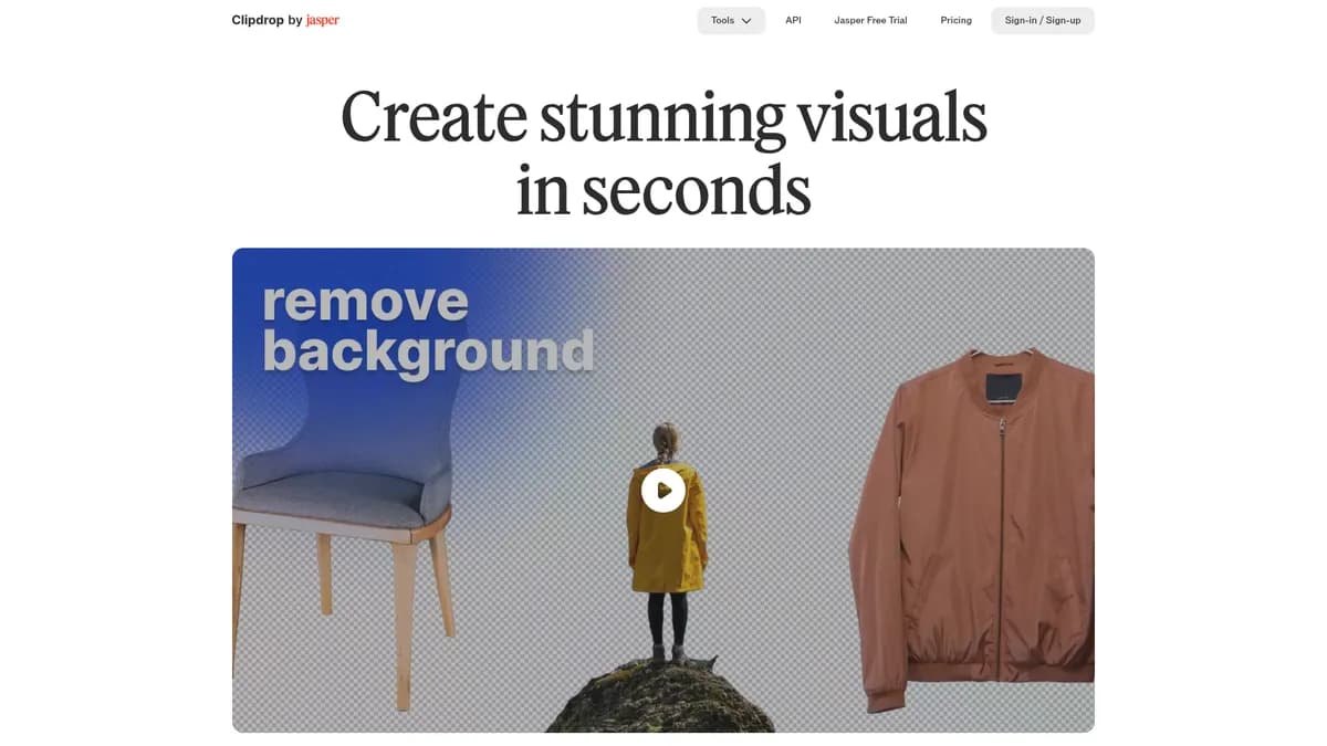Clipdrop interface screenshot — AI-powered image editing in seconds