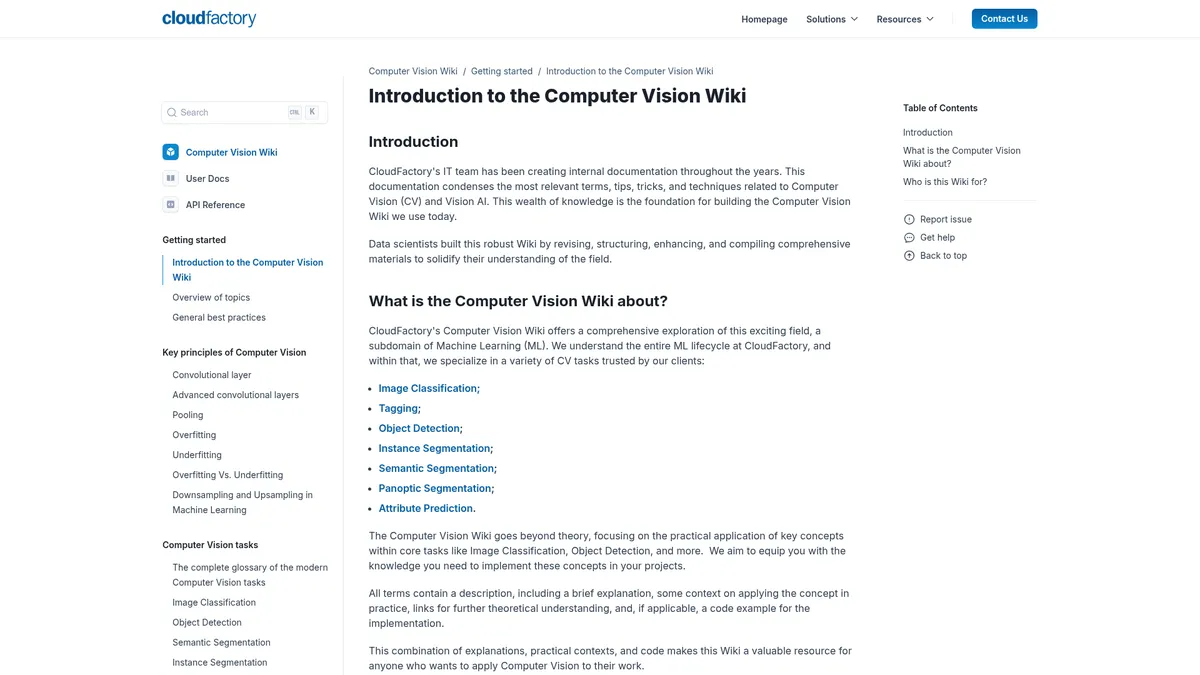 CloudFactory Computer Vision Wiki interface screenshot — The definitive free reference for Vision AI and CV tasks