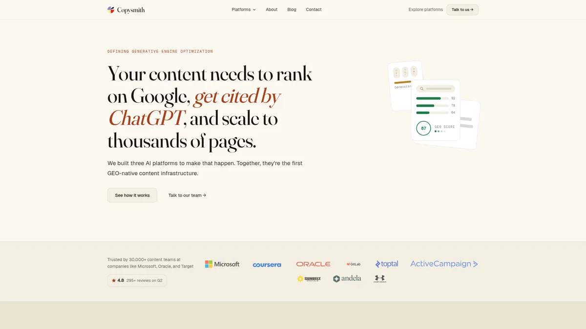 Copysmith interface screenshot — Write content that ranks on Google and gets cited by AI