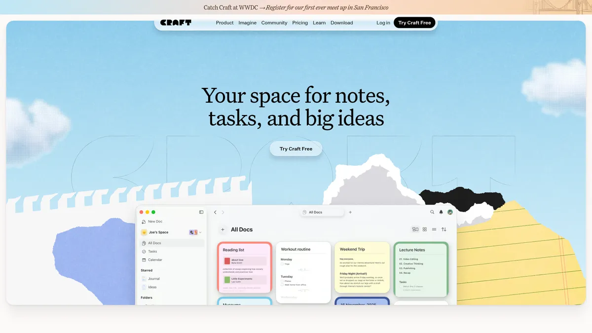 Craft interface screenshot — A visual-first workspace for notes, docs, and planning