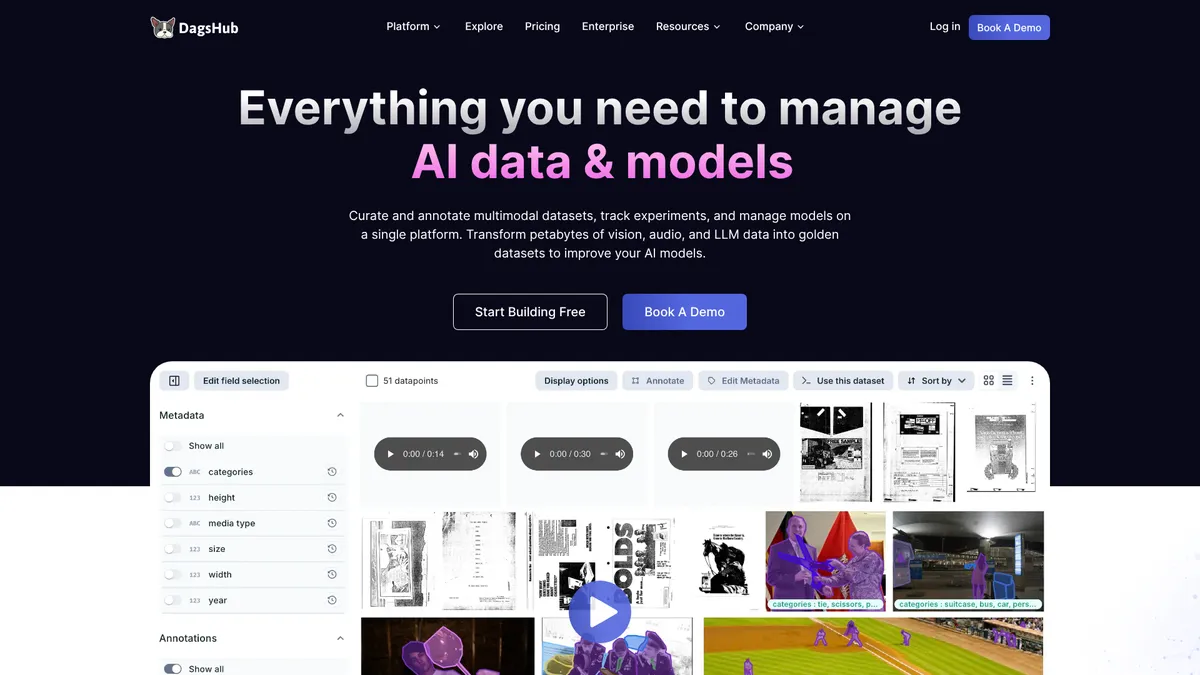 DagsHub interface screenshot — Version, track, and deploy AI models — all in one platform