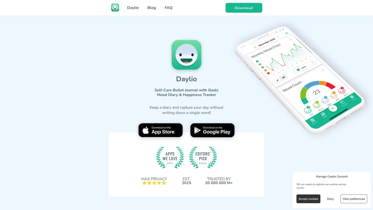 Daylio interface screenshot — Mood tracking & journaling made beautifully simple