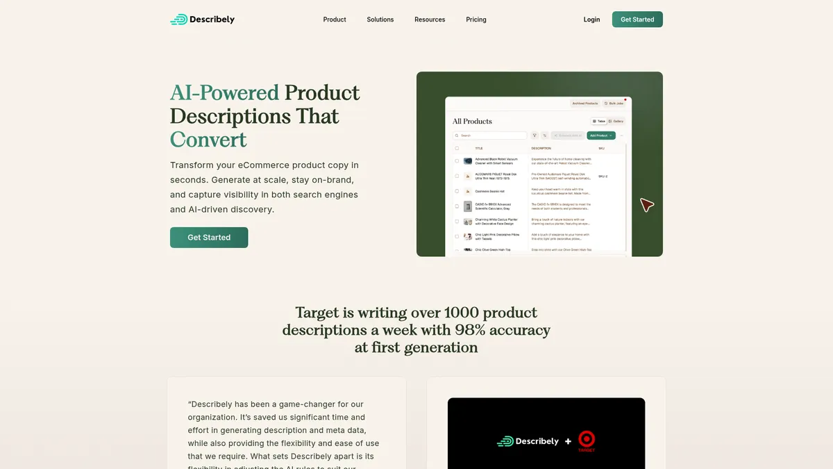 Describely interface screenshot — AI-powered product descriptions for e-commerce