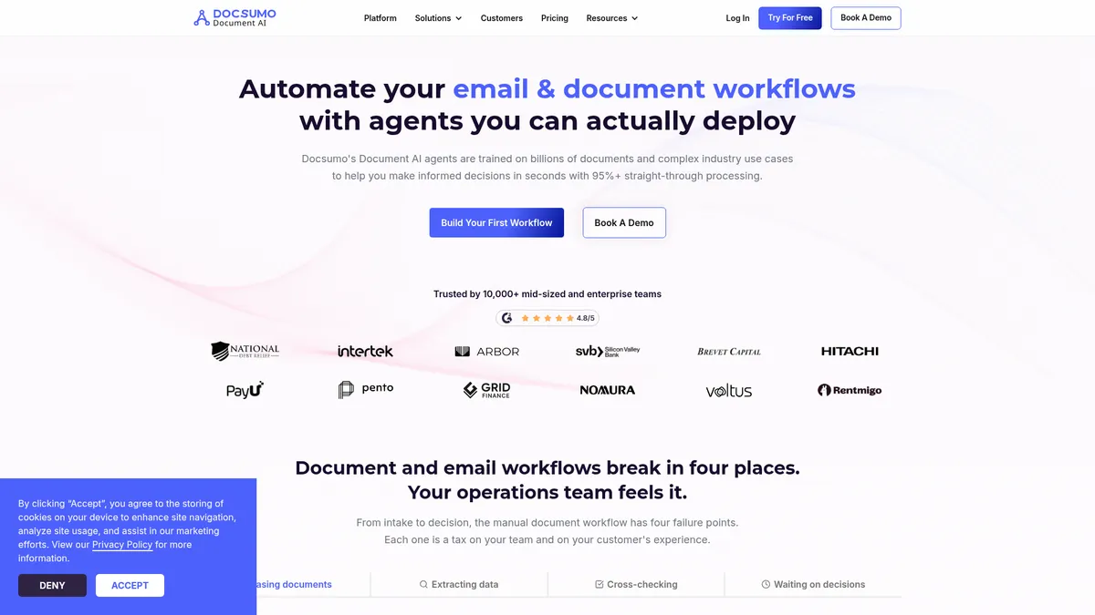 Docsumo interface screenshot — AI agents that automate document workflows end-to-end