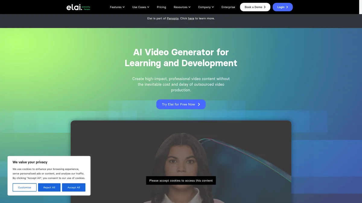 Elai.io interface screenshot — AI video generation platform with lifelike avatars
