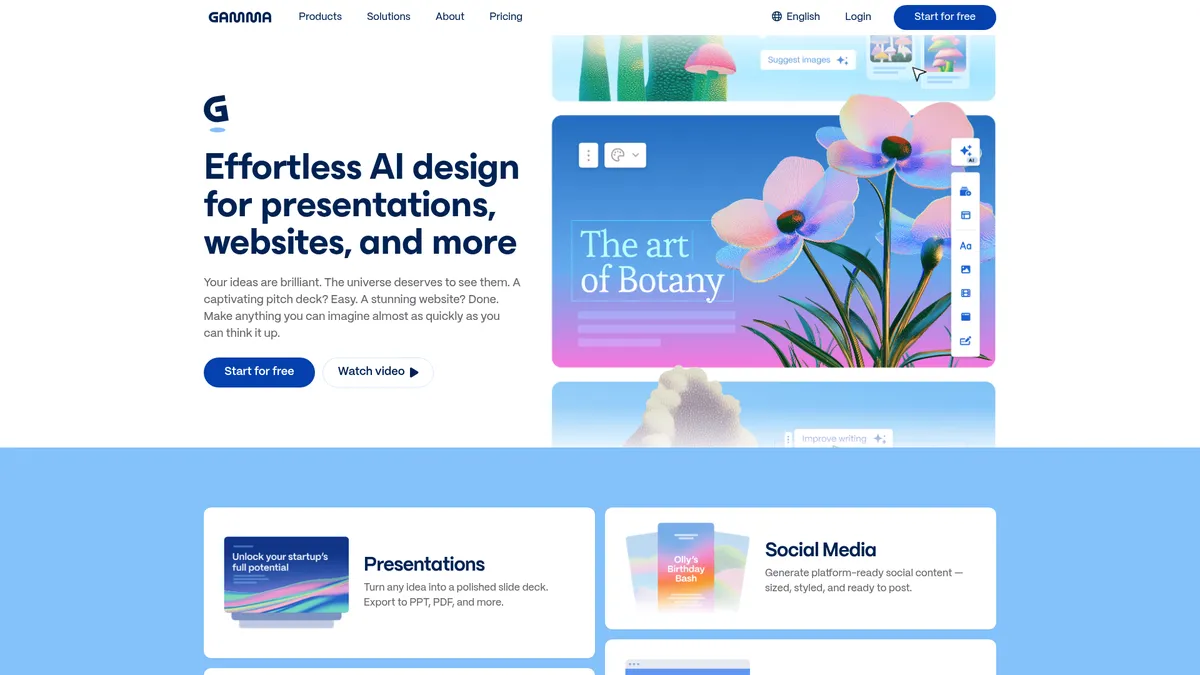 Gamma interface screenshot — Create stunning presentations, docs & websites with AI