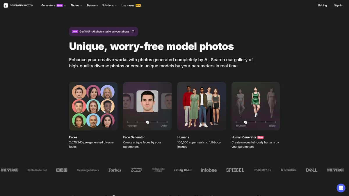 Generated Photos interface screenshot — AI-powered photo studio for royalty-free human images