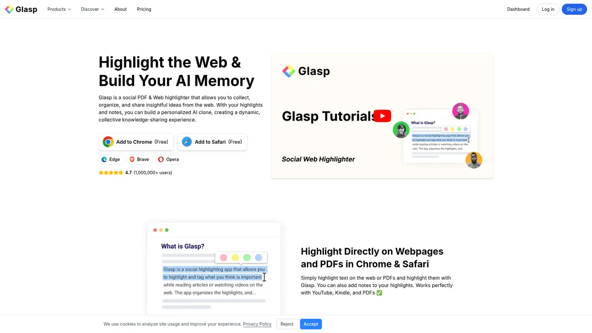 Glasp interface screenshot — Social highlighter with AI chat for web, PDFs & YouTube