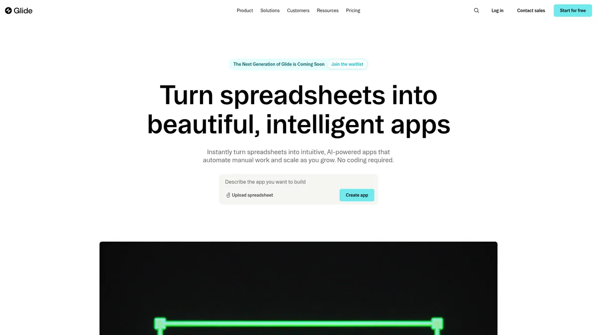 Glide interface screenshot — Turn spreadsheets into powerful apps, no code needed
