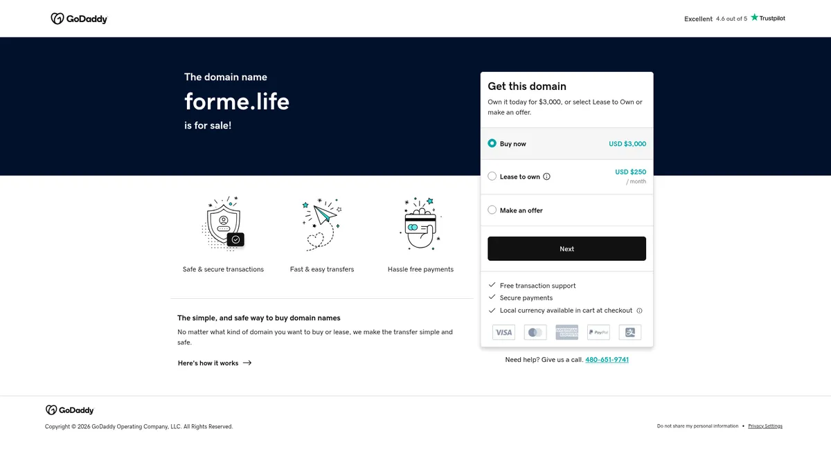 GoDaddy Domain Marketplace interface screenshot — Buy and sell premium domains securely