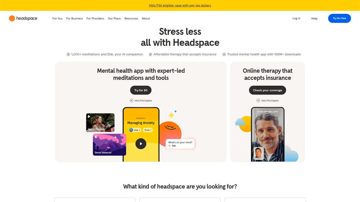 Headspace interface screenshot — Everyday mindfulness with AI and therapy