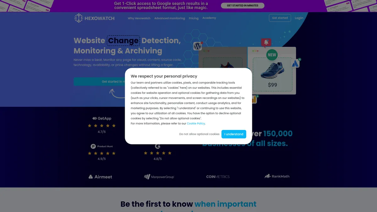 Hexowatch interface screenshot — Website change detection and monitoring made simple