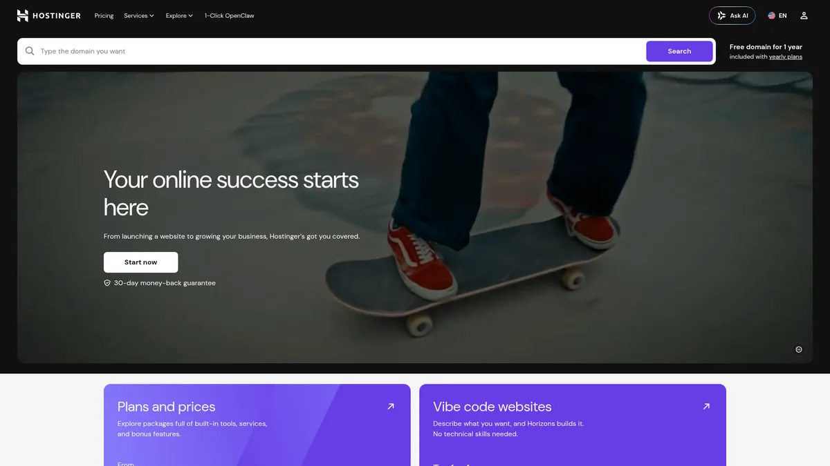 Hostinger interface screenshot — Affordable AI-Powered Web Hosting for Everyone