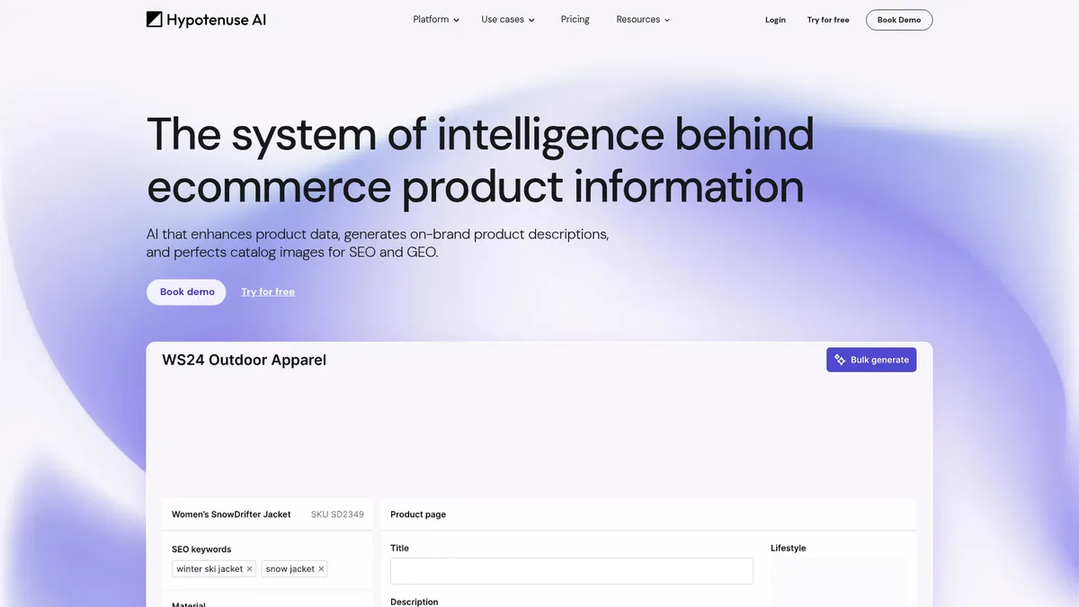 Hypotenuse AI interface screenshot — AI-Powered Ecommerce Content & Image Platform