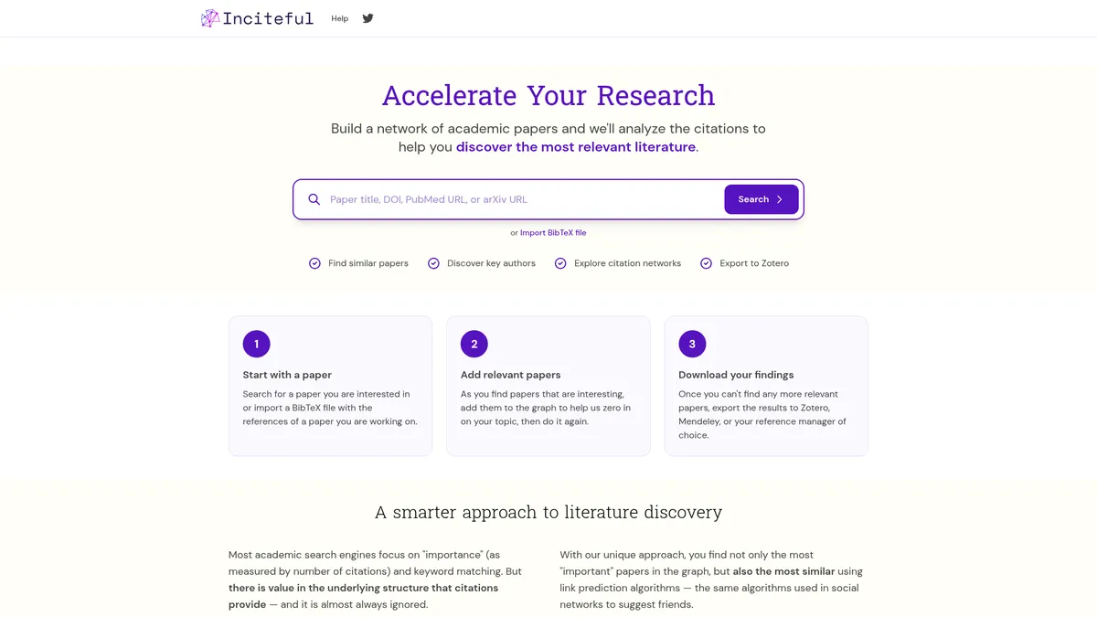 Inciteful interface screenshot — Smart research discovery powered by citation networks