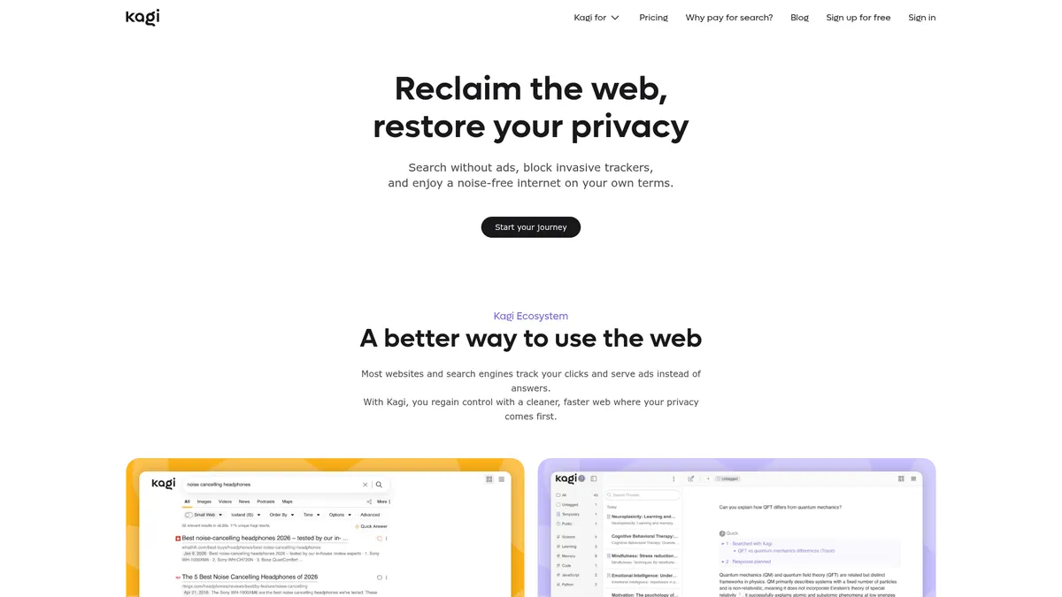 Kagi interface screenshot — Privacy-first search, browser, and AI ecosystem