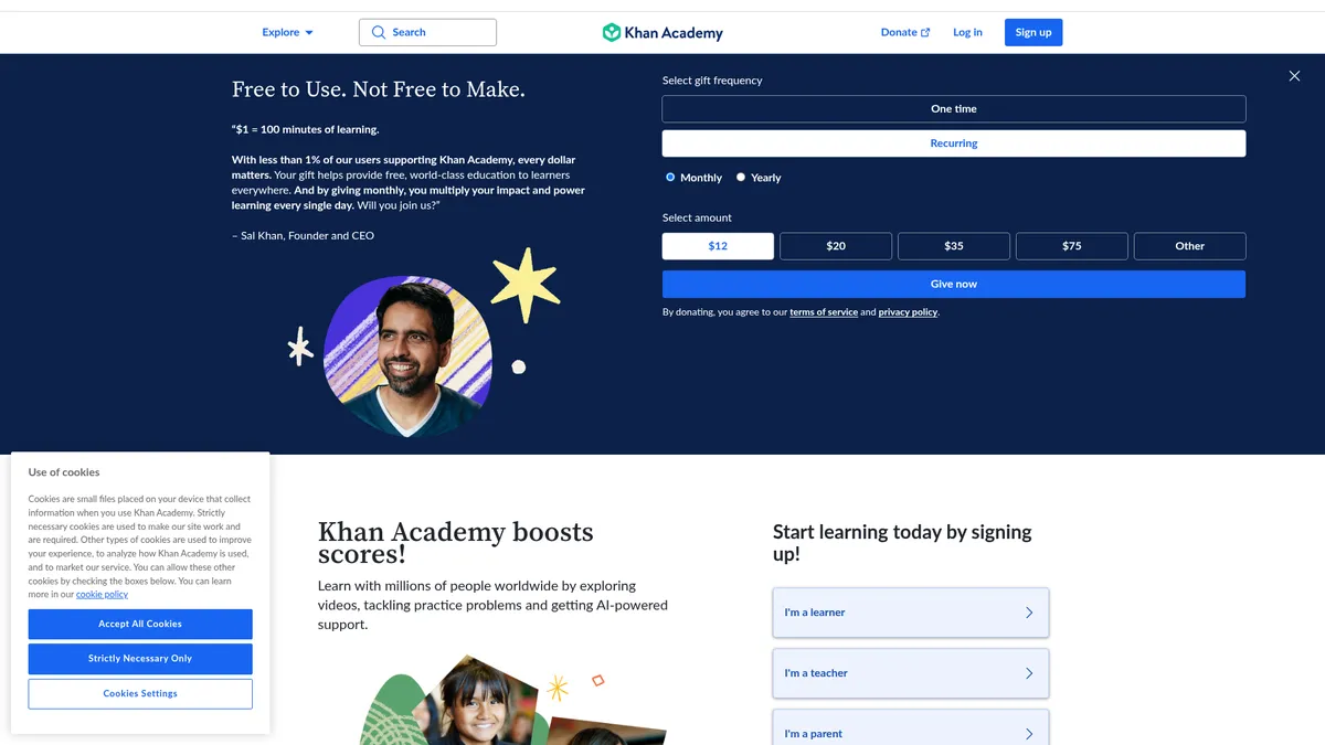 Khan Academy interface screenshot — Free, world-class education for anyone, anywhere.