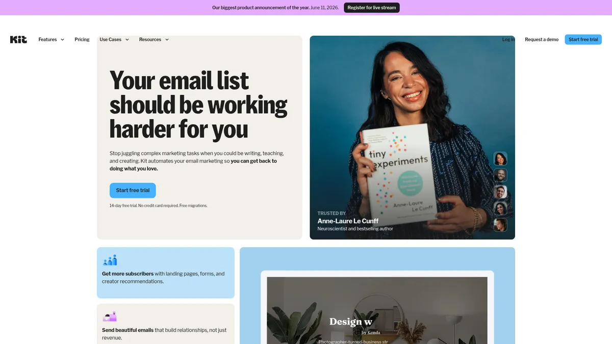Kit interface screenshot — Email marketing built for creators