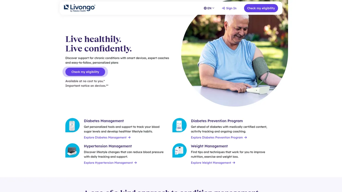 Livongo interface screenshot — Free, coach-led chronic condition management program