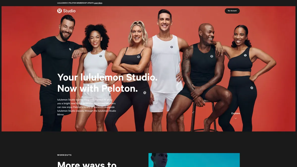 lululemon Studio interface screenshot — Two premium fitness libraries, one smart mirror subscription