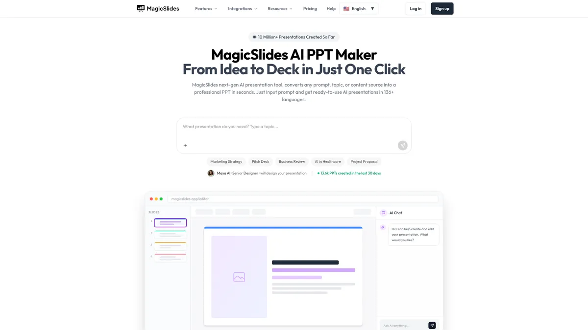 MagicSlides interface screenshot — AI presentations from any idea, instantly