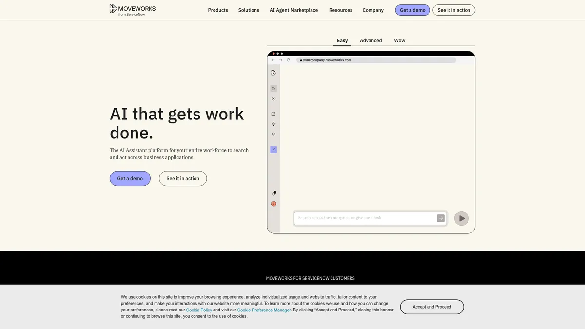 Moveworks interface screenshot — Unified enterprise AI assistant for every department