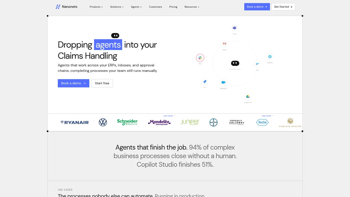 Nanonets interface screenshot — AI agents that automate document workflows end-to-end